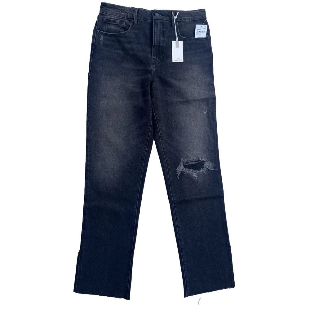 Good American Good Boy Straight Leg Jeans Black Distressed Knee Size 2 - Picture 9 of 16